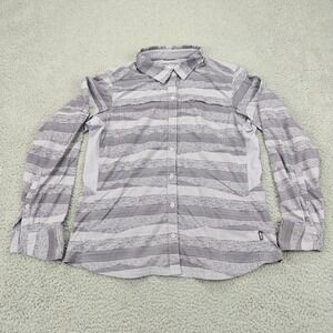 REI Co-op Shirt Womens Medium Gray‎ Striped Long Sleeve Button Up Hiking Outdoor